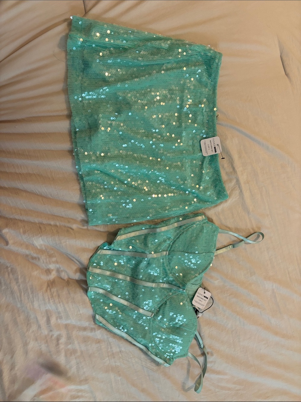 Fashion Nova Mint Sequin Two-Piece Skirt & Top Set